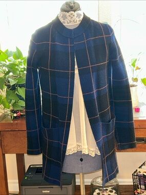 Open-Front Navy Windowpane Pea Coat